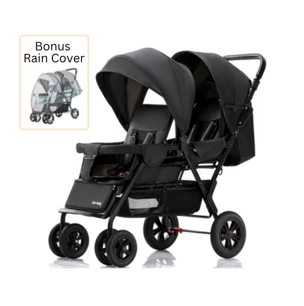 Deluxe Tandem Double Stroller + Rain Cover - Baby Way NZ